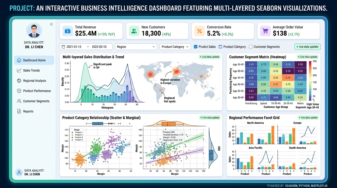 An Interactive Business Intelligence Dashboard featuring multi-layered Seaborn visualizations.