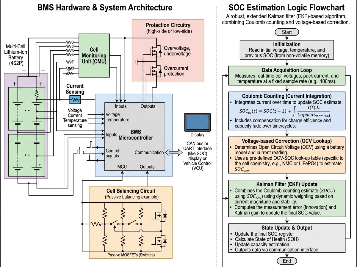 A functional Battery Management System (BMS) with SOC estimation logic
