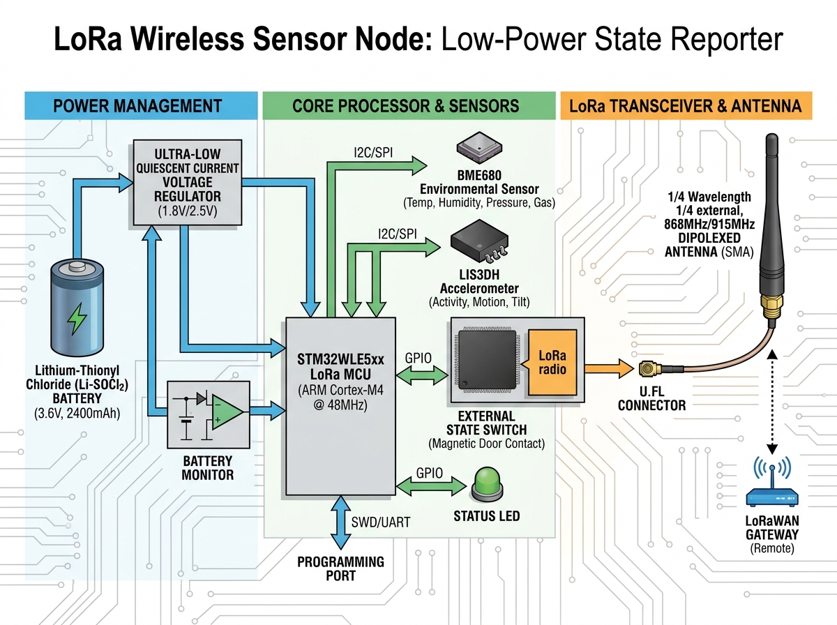 LoRa Wireless Sensor Node designed for long-range, low-power state reporting.