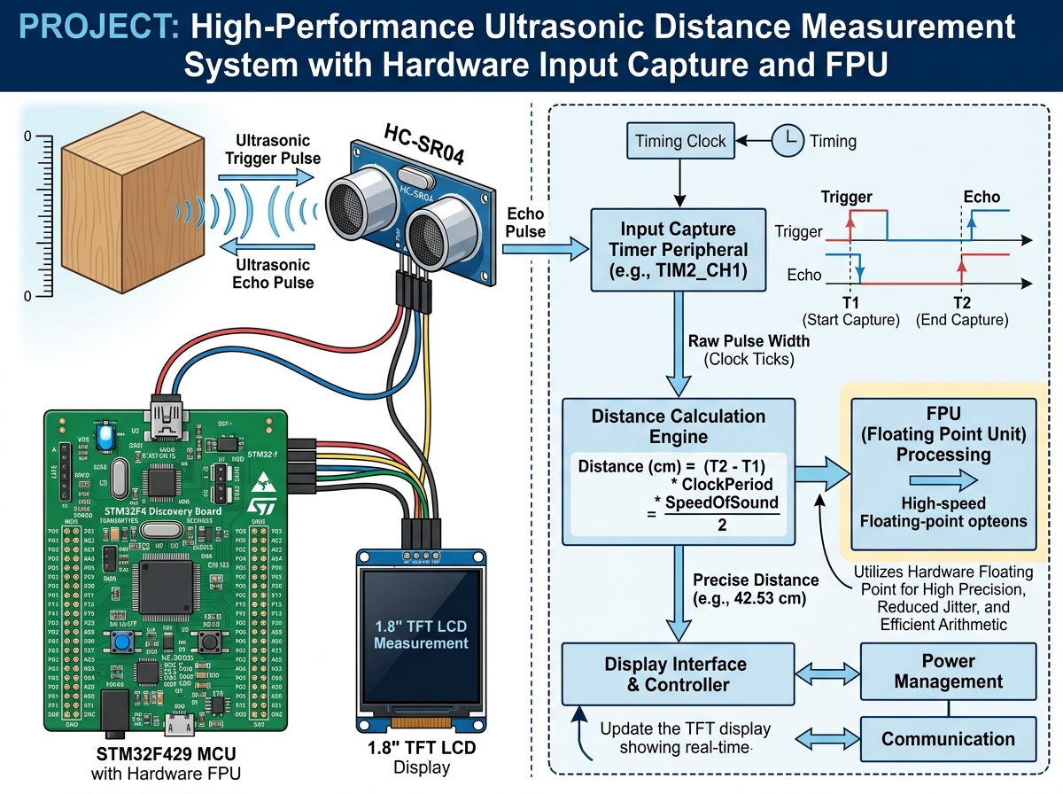Ultrasonic Distance Measurement System with hardware Input Capture and FPU processing.