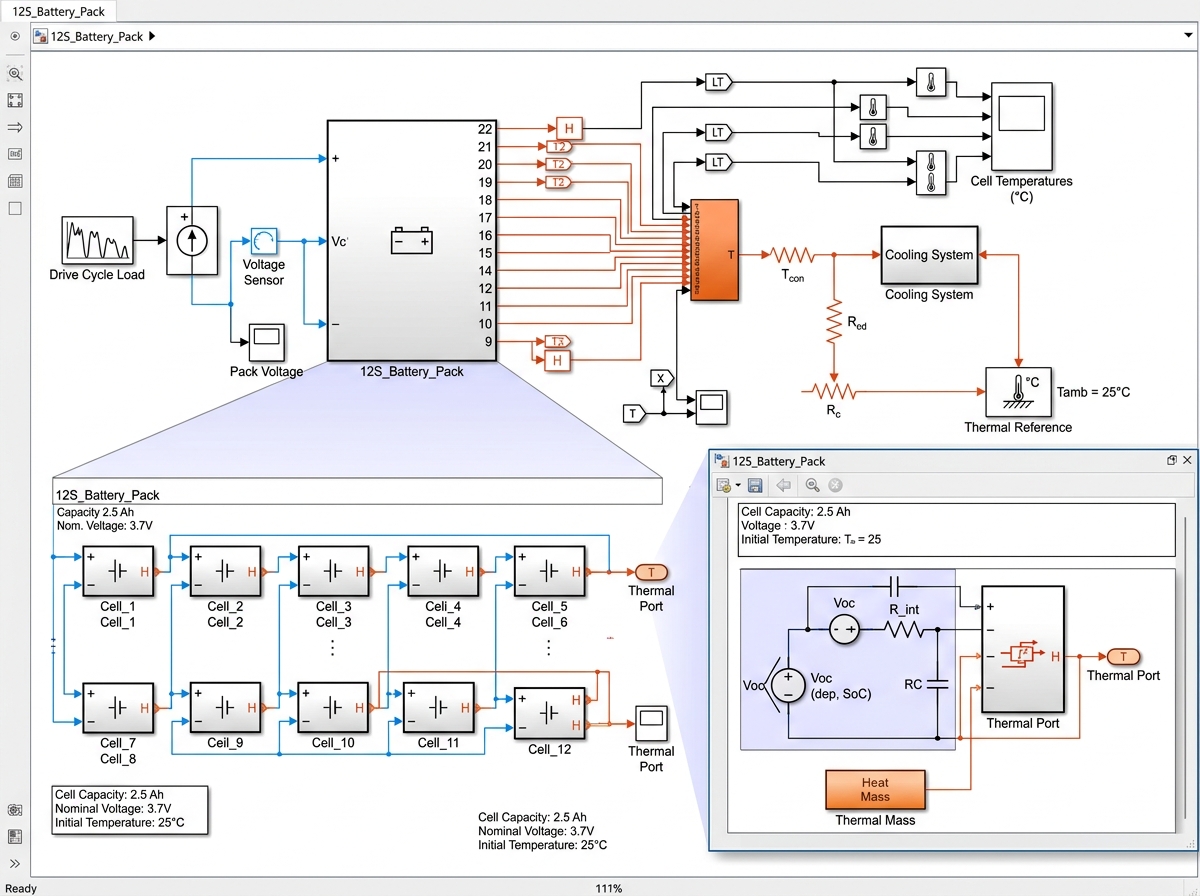 Complete 12S Battery Pack Simulink Model with thermal nodes