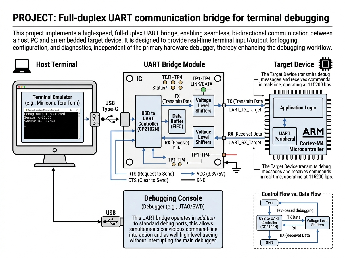 Full-duplex UART communication bridge for terminal debugging