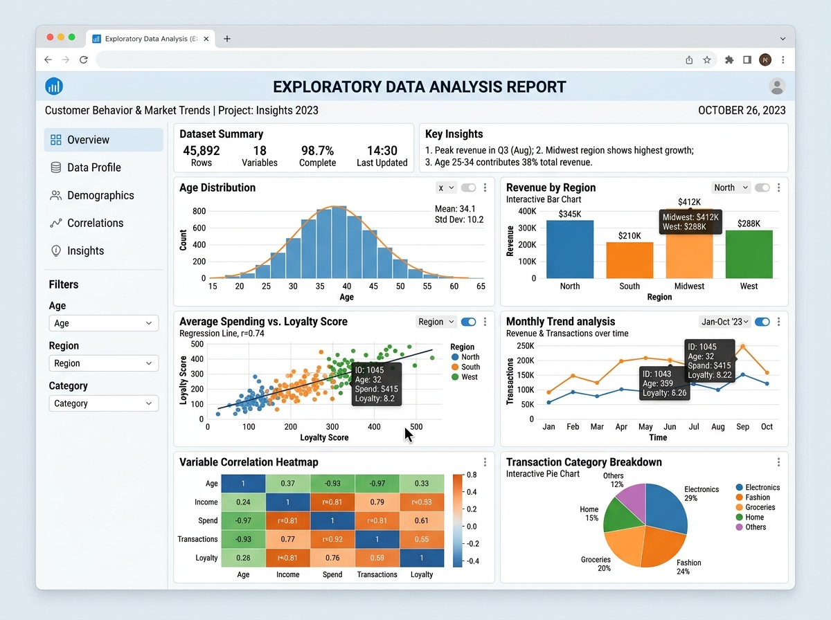 An Exploratory Data Analysis Report highlighting key insights, statistical summaries, and interactive charts (Exploratory Data Analysis Report).