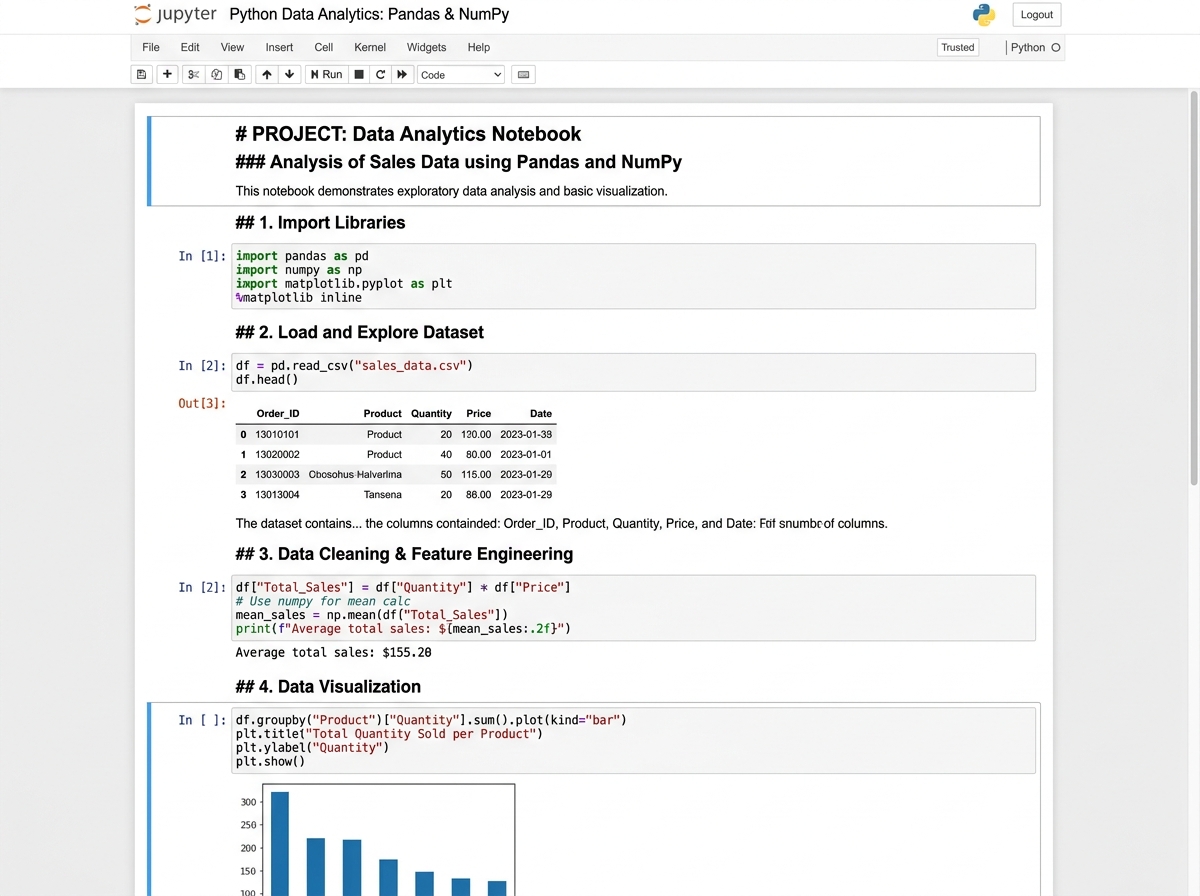 A fully documented Jupyter Notebook integrating clean code, structural markdowns, and visualizations in Pandas and NumPy (Python Data Analytics Notebook).