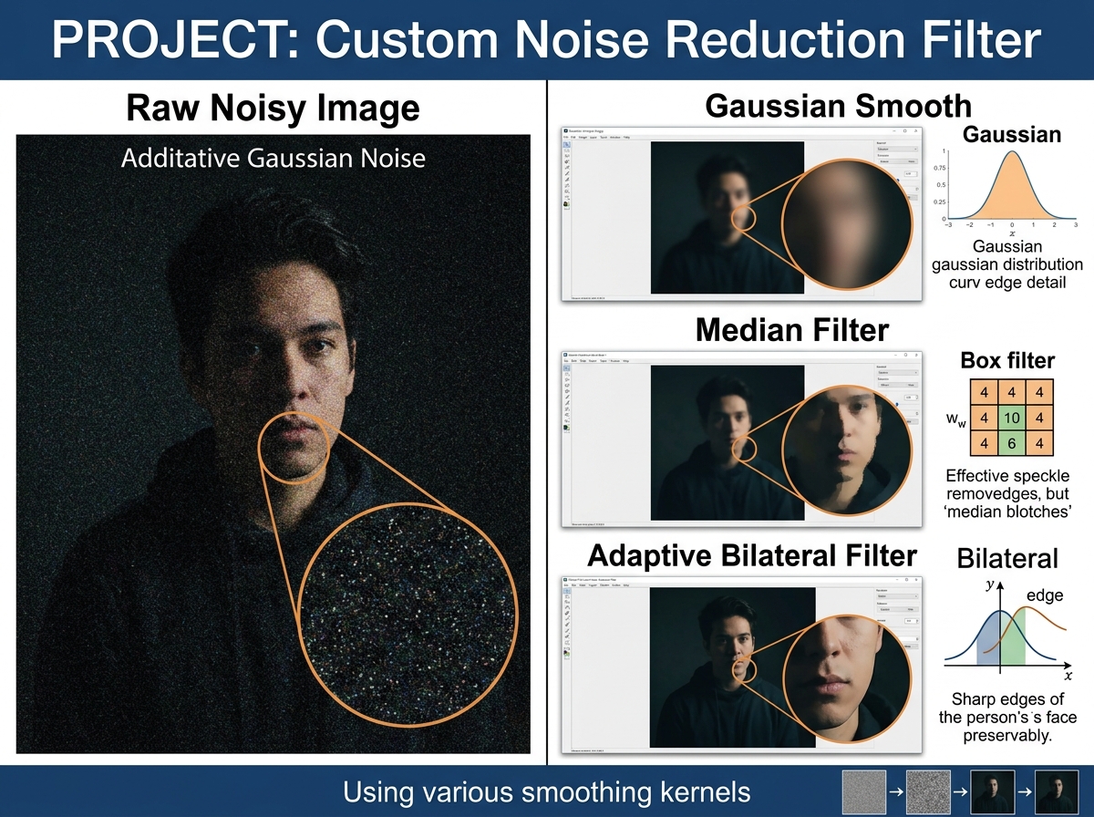 A custom noise reduction filter using various smoothing kernels.
