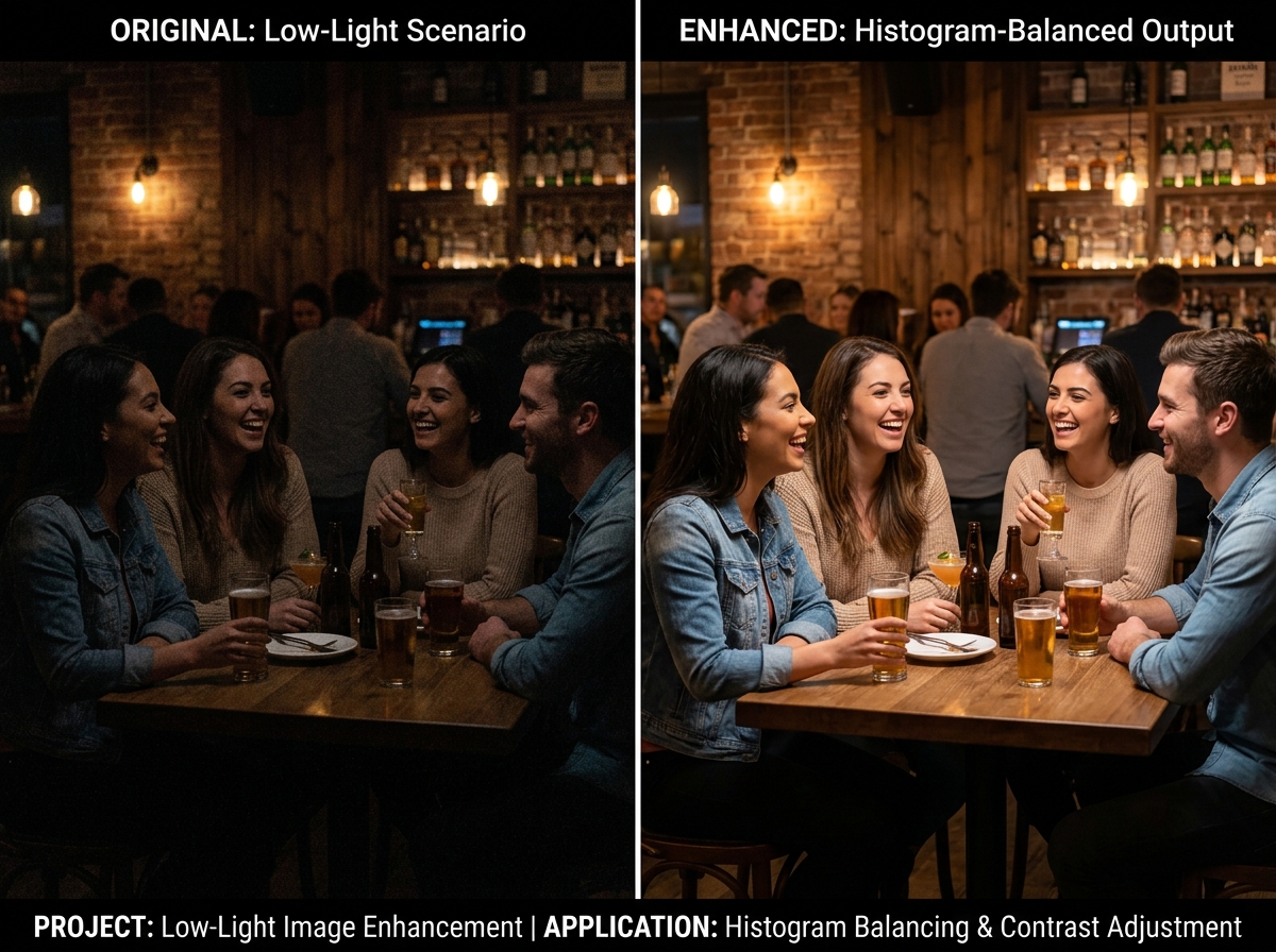 A histogram-balanced image output for low-light scenario enhancement.