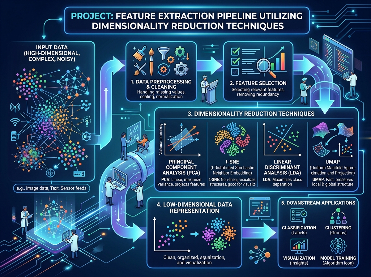 A feature extraction pipeline utilizing dimensionality reduction techniques.