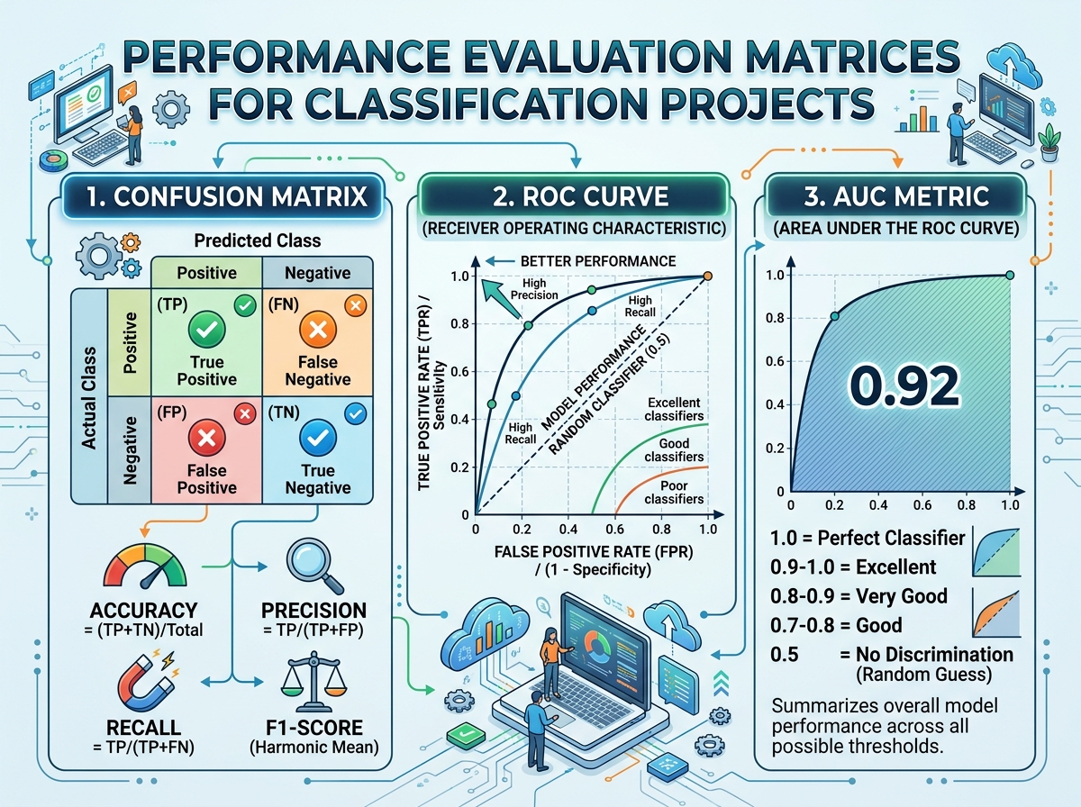 Performance evaluation matrices including Confusion Matrices, ROC curves, and AUC metrics.