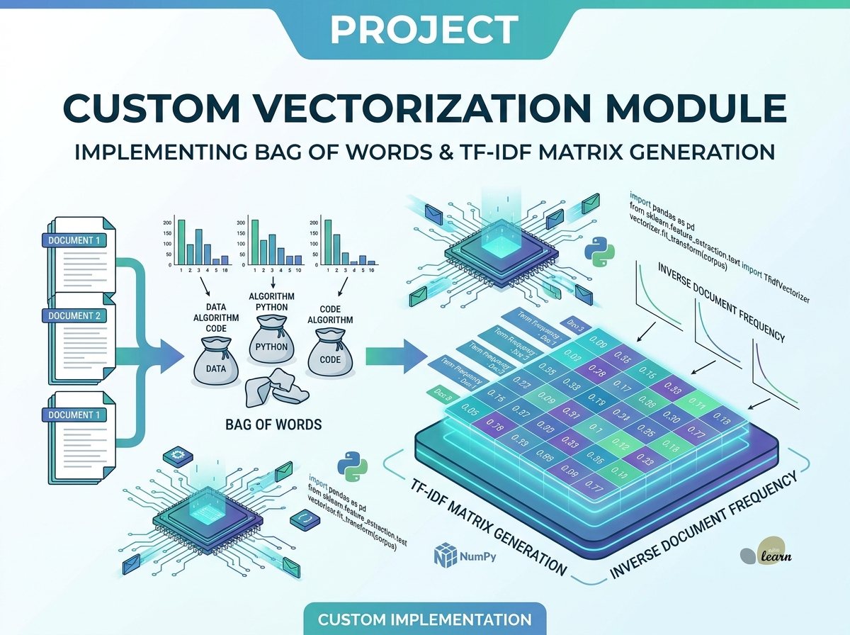 A custom vectorization module implementing Bag of Words and TF-IDF matrix generation