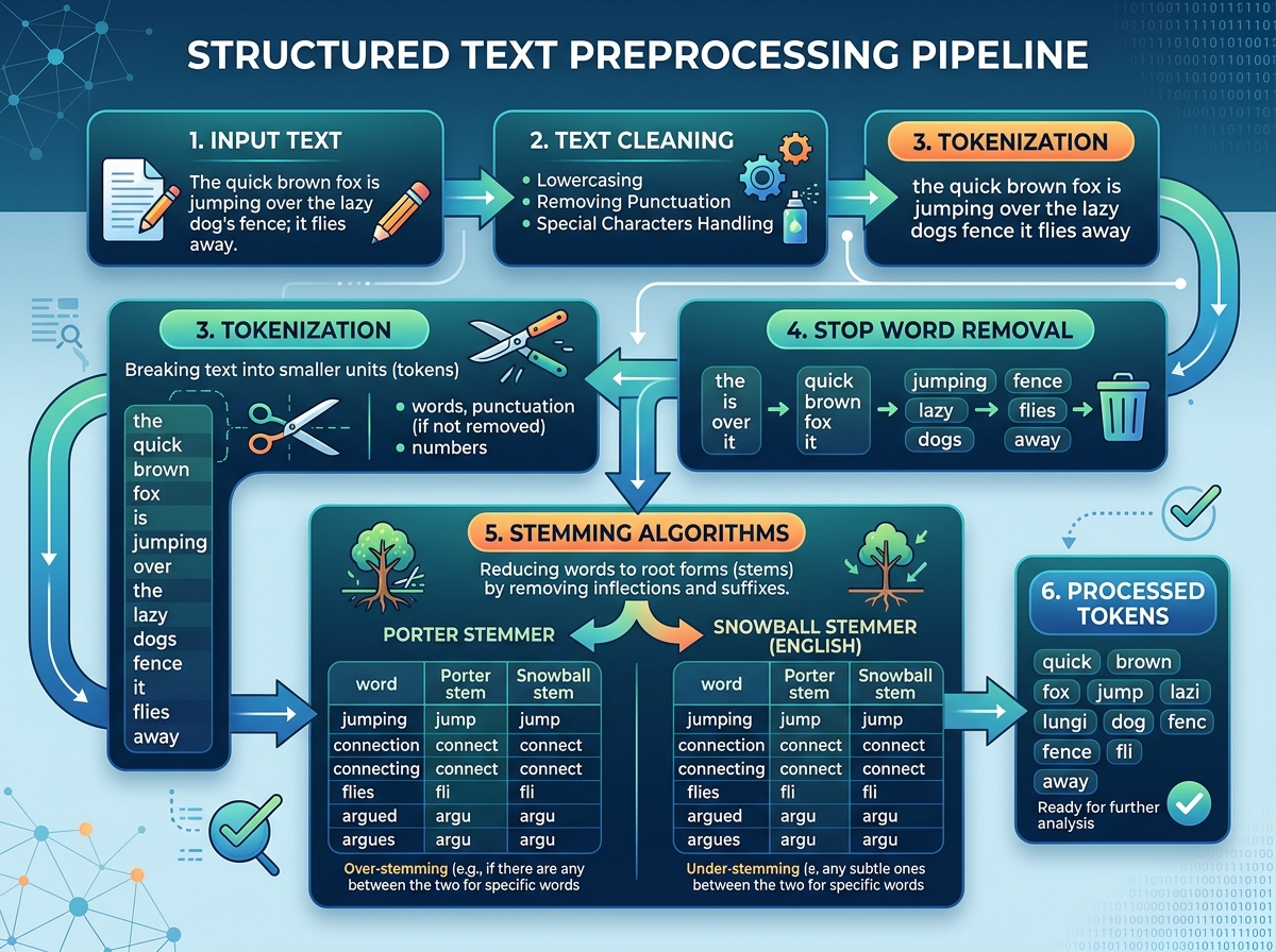 A structured text preprocessing pipeline demonstrating tokenization and stemming algorithms