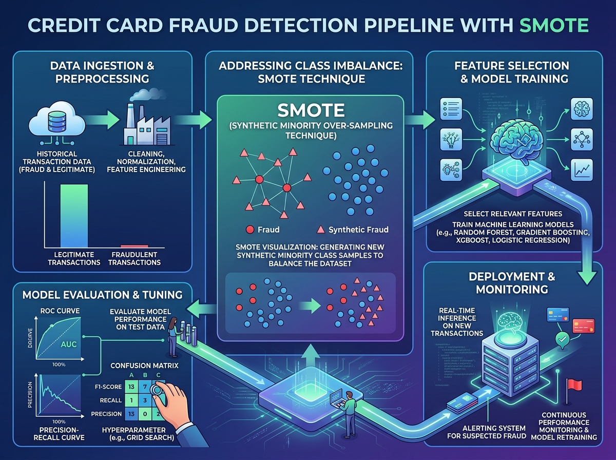 Credit Card Fraud Detection Pipeline incorporating SMOTE to handle heavily imbalanced transaction sets.