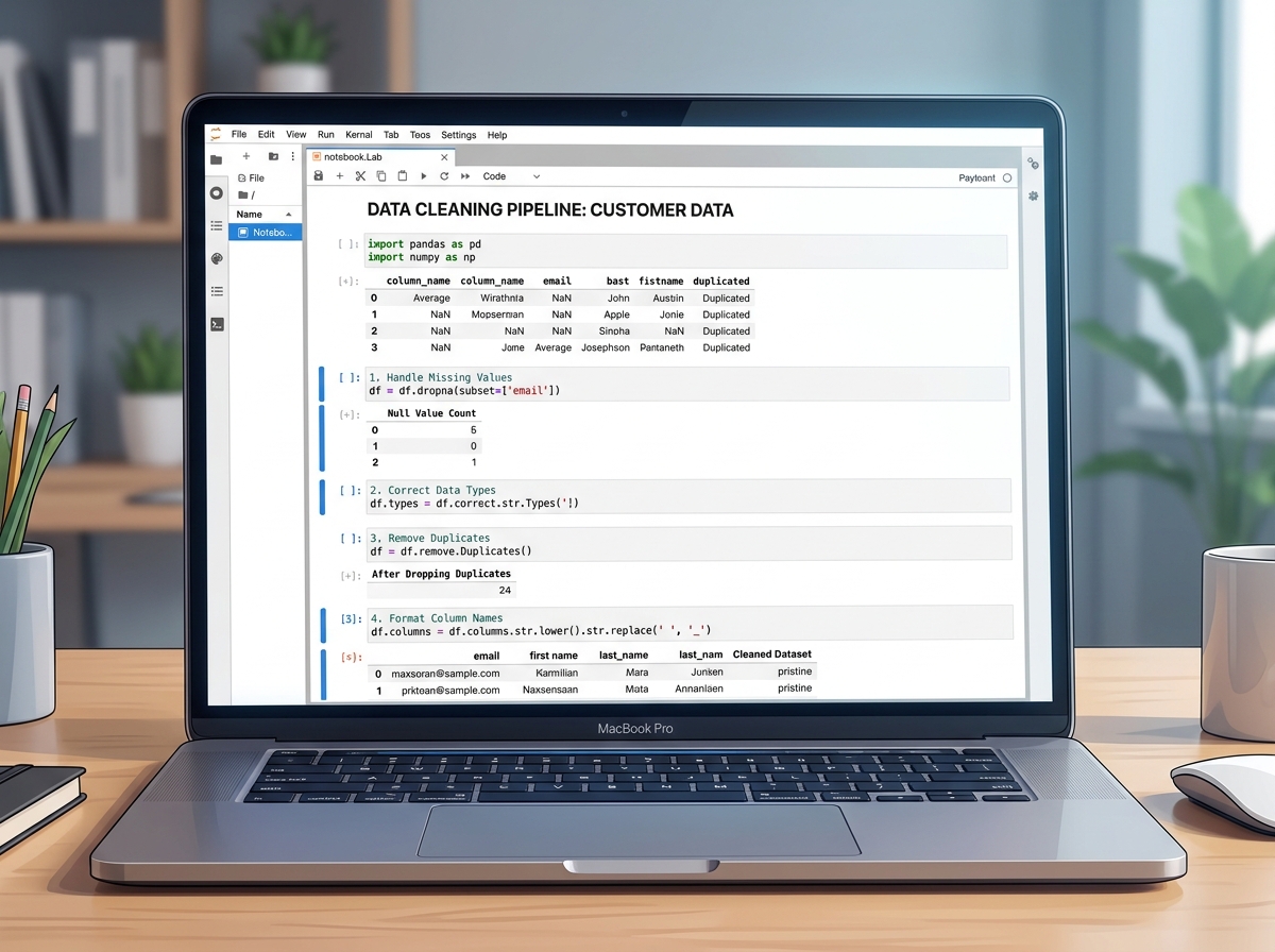 A completed Jupyter Notebook hosting your step-by-step cleaning pipeline
