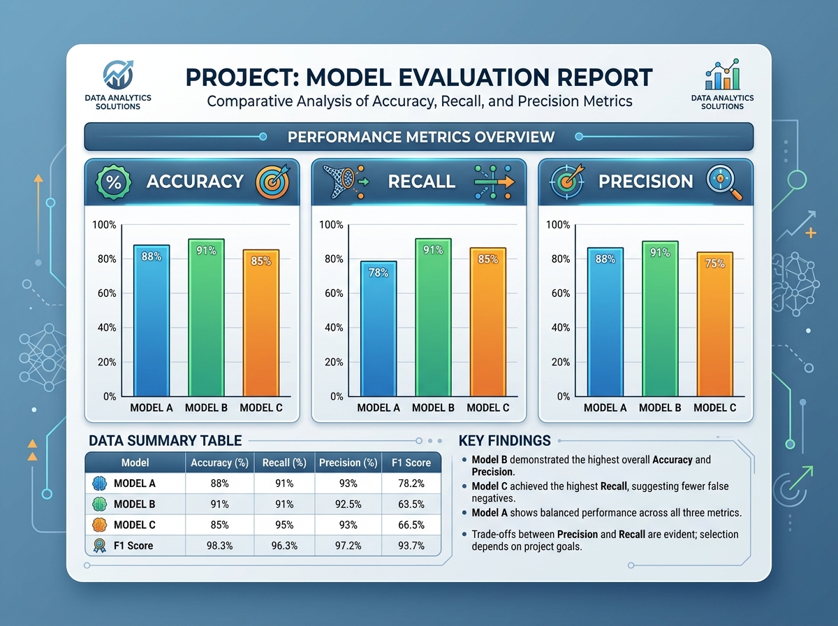 Model Evaluation Report comparing accuracy, recall, and precision outputs