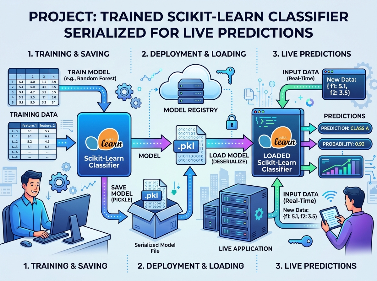 A trained Scikit-learn Classifier serialized for live predictions