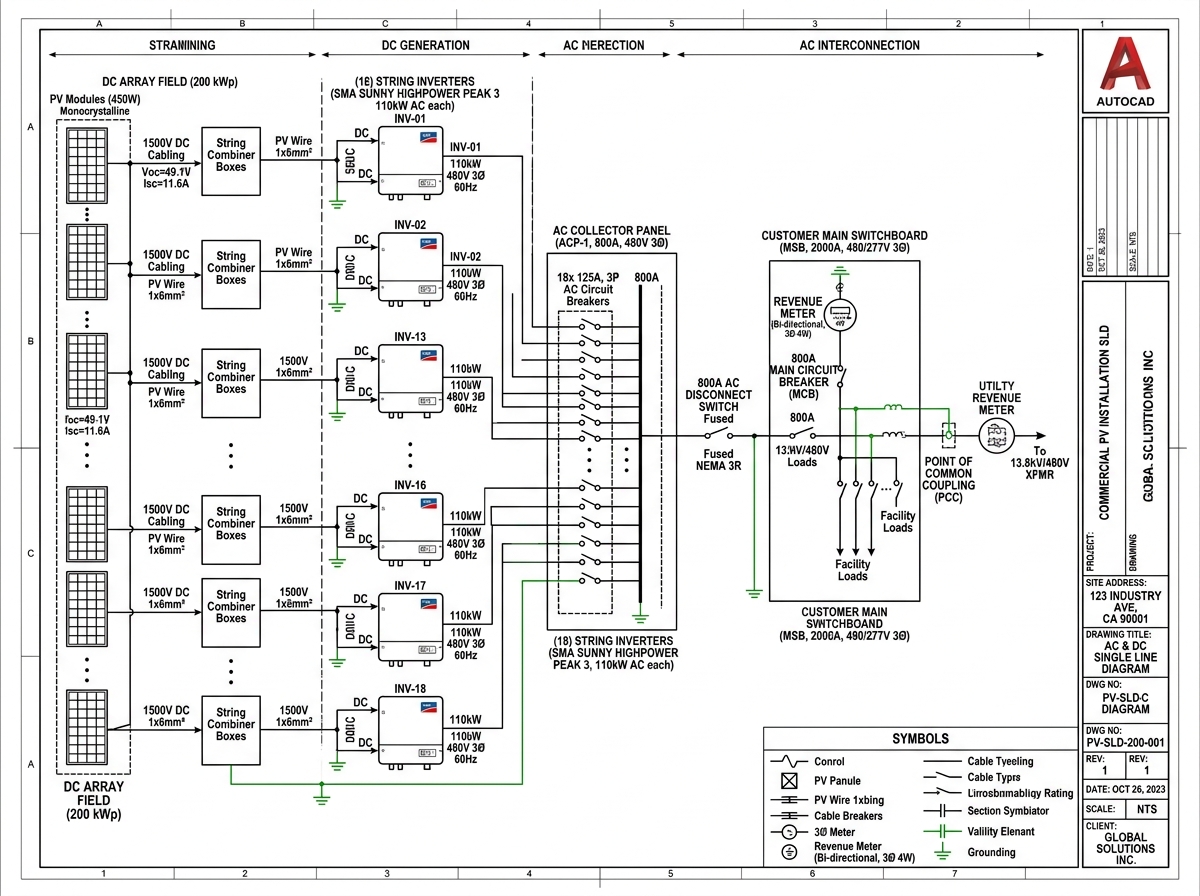 Detailed CAD-based Single Line Diagrams (SLD) for a commercial PV installation.