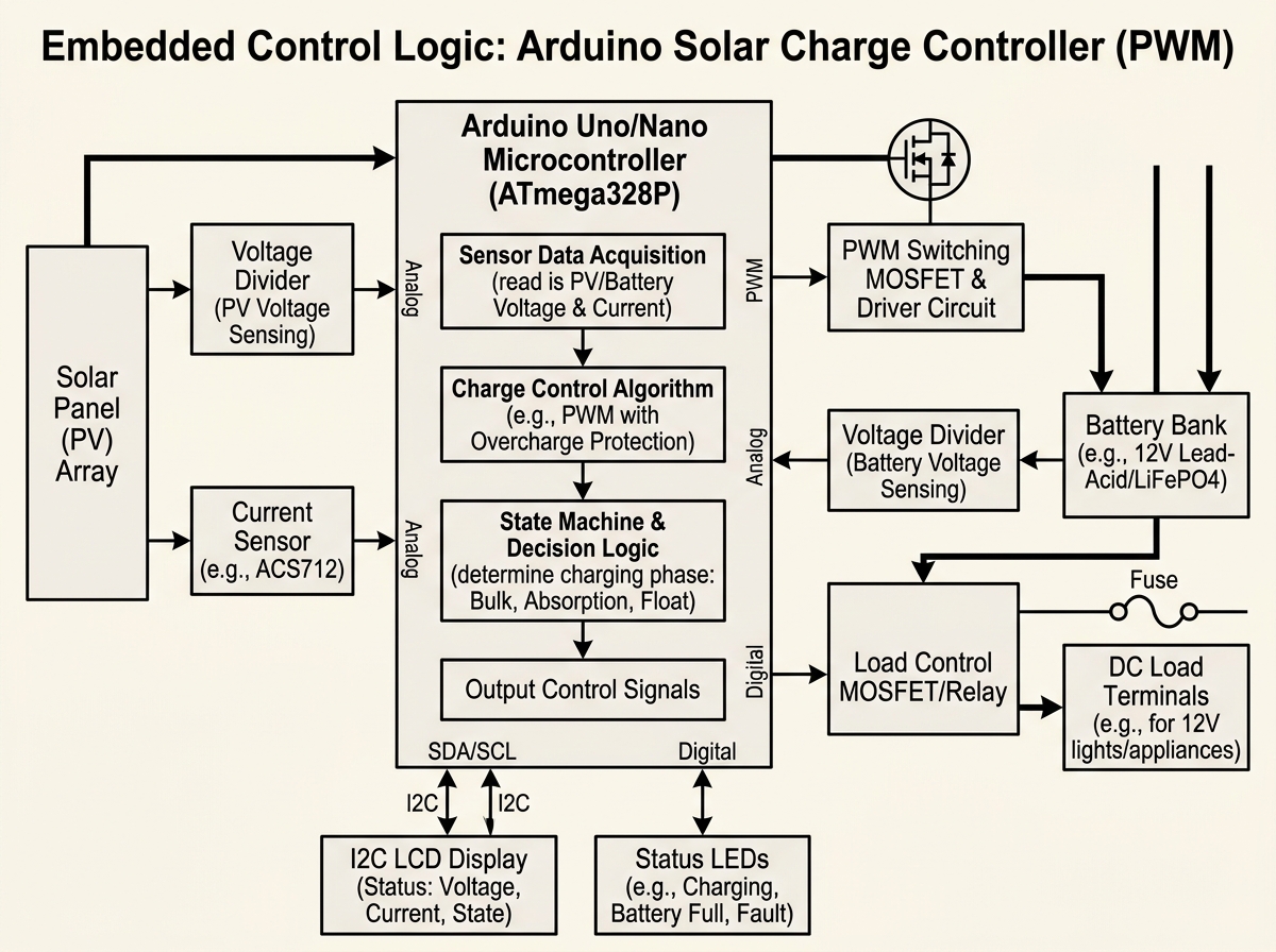 Embedded control logic code for a solar charge controller using Arduino.