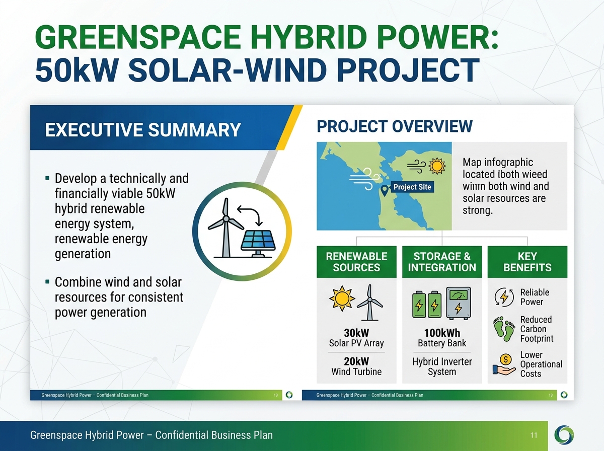 A technical and financial feasibility business plan for a 50kW hybrid wind-solar project.