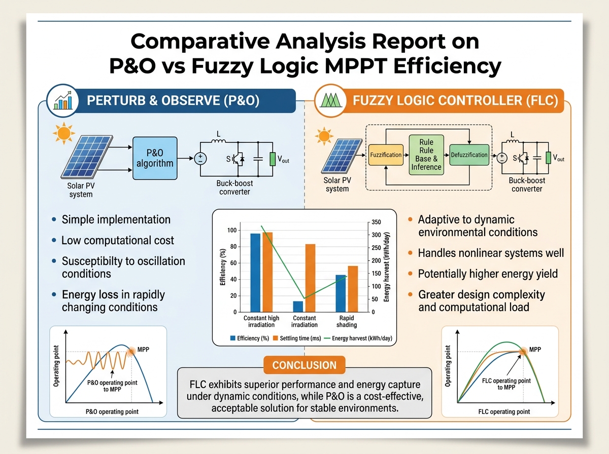 Comparative analysis report on P&O vs Fuzzy Logic MPPT efficiency.