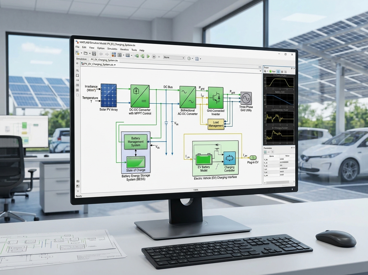 A complete MATLAB/Simulink model of a Solar-PV powered EV charging station.