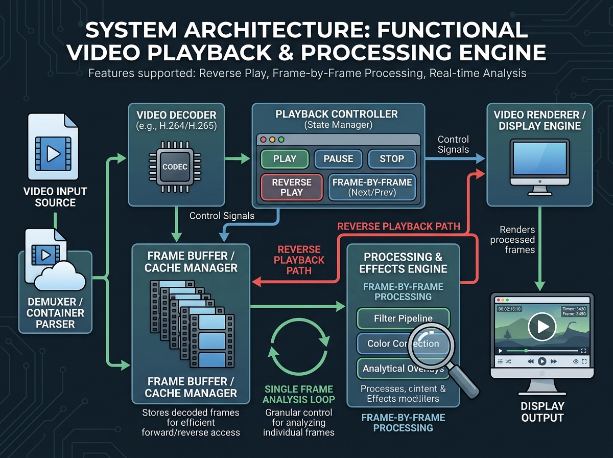 A functional Video Playback and Processing Engine supporting reverse play and frame-by-frame processing.